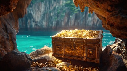 treasure chest with shiny gold in a cave. Created with generative AI.