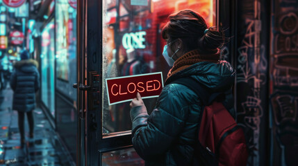Shop owner putting the Closed sign in front of the store to signify the closure of the shop - obrazy, fototapety, plakaty