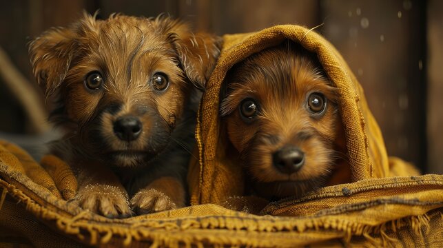 Two Scared Afraid Puppy Dogs Wrapped, Desktop Wallpaper Backgrounds, Background HD For Designer