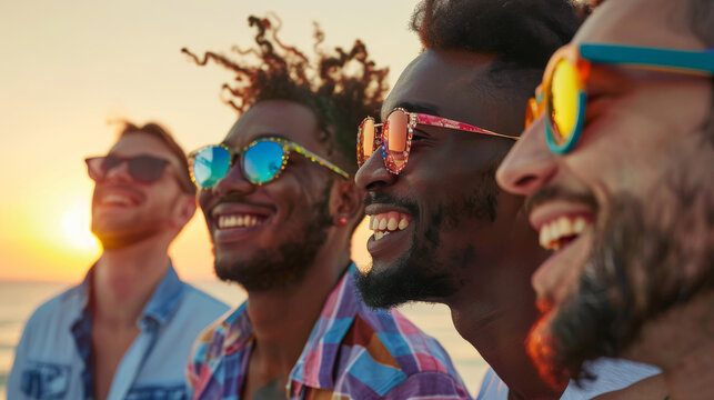 Group of young diverse men wearing sunglasses looking at sunset during summer time , guys friends with ethnic diversity in holidays background
