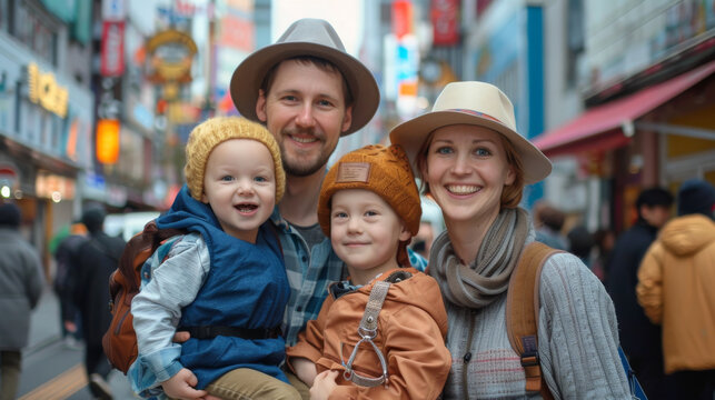 Portrait of an happy caucasian family traveling to Japan
