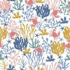 Coral ree, crabs, starfishes and  seaweed seamless pattern.