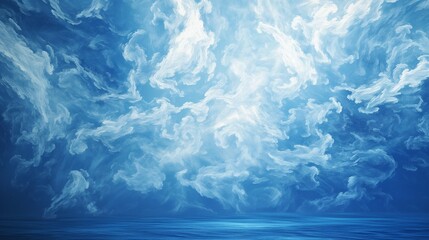 Wispy clouds creating intricate patterns over a tranquil seascape, with shades of blue stretching...