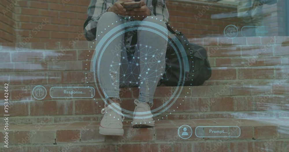 Aufkleber animation of brain with data processing over biracial female student using smartphone