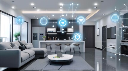 Modern Home with IoT and Smart Devices, To showcase a modern and high-tech living space with smart home devices and IoT connectivity, suitable for