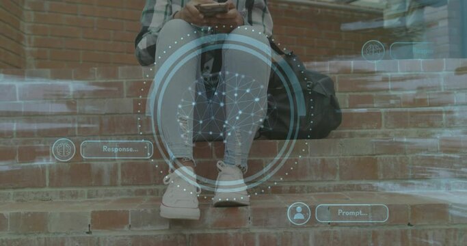 Animation of brain with data processing over biracial female student using smartphone