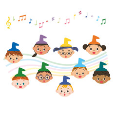 コーラスをする音符つきの子供合唱団