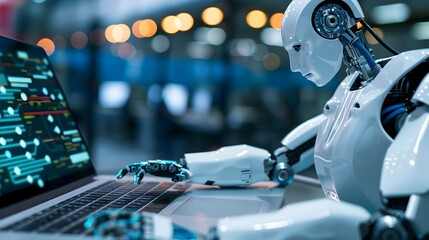 Fototapeta premium Robot Working on Laptop in Futuristic Victorian Style, To convey the concept of technology and artificial intelligence in a futuristic and Victorian