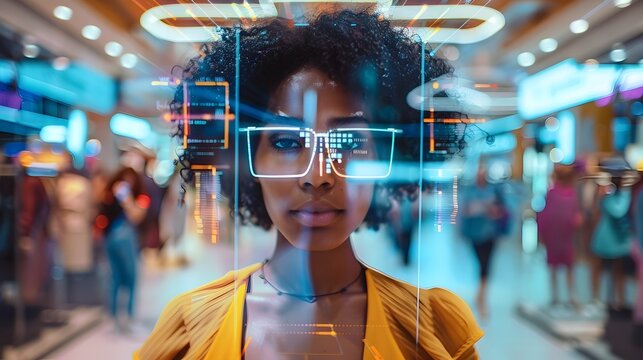 Woman in Afrofuturistic Eyewear Experiencing Virtual Shopping, To showcase a vision of the future where technology and African culture blend