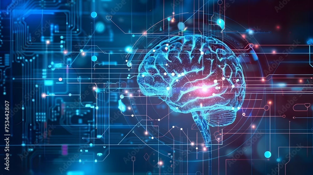 Poster futuristic artificial intelligent brain on circuit background, to convey the concept of advanced tec
