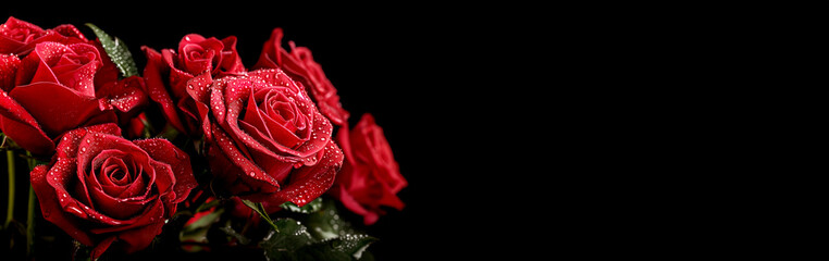 Bouquet of dew-kissed red roses against dark backdrop, vibrant petals with water droplets symbolizing freshness and romance - obrazy, fototapety, plakaty