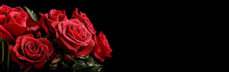 Fotobehang Bouquet of dew-kissed red roses against dark backdrop, vibrant petals with water droplets symbolizing freshness and romance © Denniro