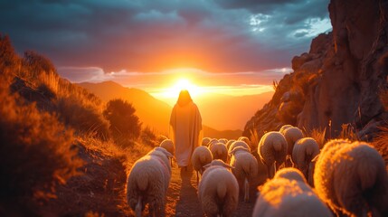 a shepherd guiding his flock of sheep. Created with Generative AI. - obrazy, fototapety, plakaty