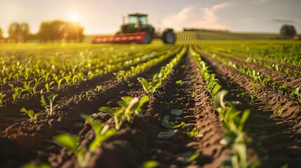 Tractor Driving Through Field of Crops, To showcase modern farming technology and sustainable agriculture in a rural setting