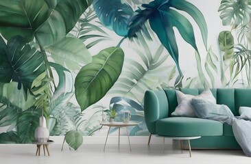 Tropical leaves seamless pattern background wall in modern interior design,, with amazing - obrazy, fototapety, plakaty