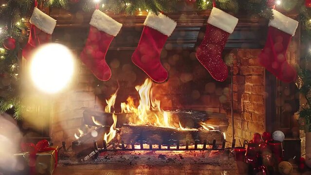 christmas decoration with fireplace in a house. christmas fireplace with yule log. seamless looping overlay 4k virtual video animation background