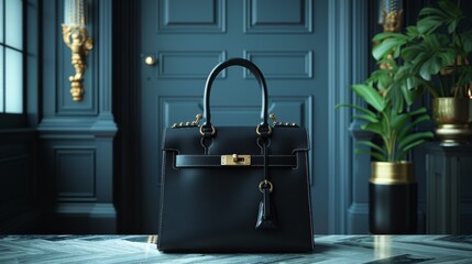 Black luxury leather handbag. High class fashion item, emphasizing clean design and sophistication. Leather texture details. - obrazy, fototapety, plakaty