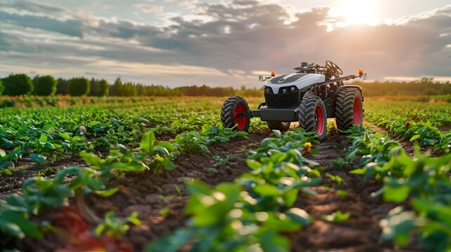 Futuristic Agriculture Robot Working in Field at Sunset, To convey the innovative and high-tech nature of modern agriculture while highlighting the