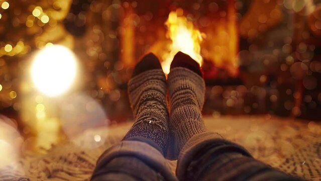 feet in woollen socks by the christmas fireplace. winter background. seamless looping overlay 4k virtual video animation background