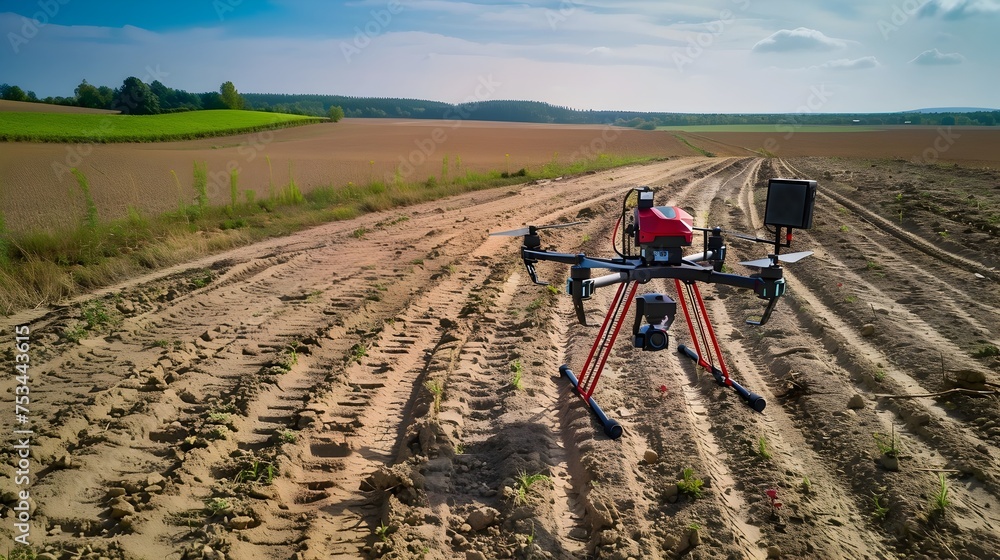 Poster a drone monitoring farmland in a field, to showcase the use of drones in modern agriculture for effi
