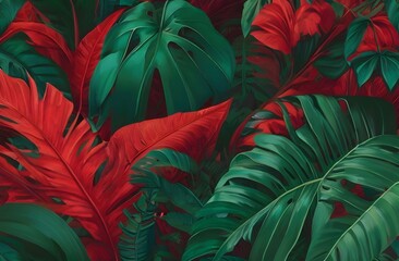Tropical leaves seamless pattern background, with amazing green shades with red touch