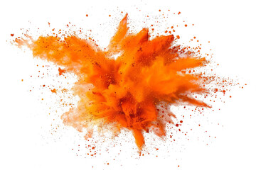 bright orange paint color powder festival explosion burst isolated white background. - obrazy, fototapety, plakaty
