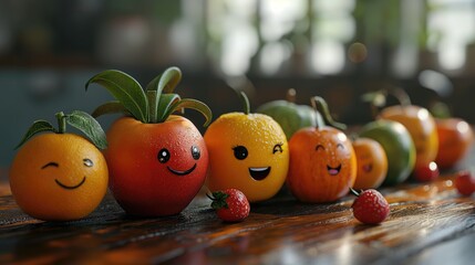 Happy fruits cartoon characters. Created with generative AI.