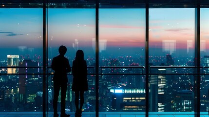Silhouetted Figures Overlooking City Skyline at Dusk in Japanese Style, To capture the beauty and grandeur of urban cityscapes through the minimalist - obrazy, fototapety, plakaty