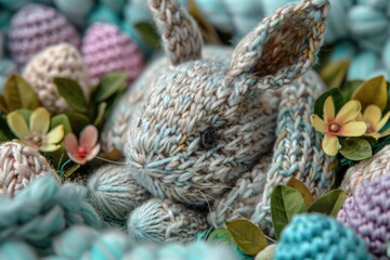 Handcrafted Knitted Easter Bunny with Decorated Eggs.