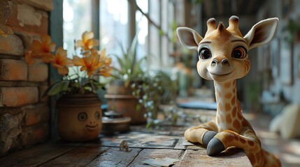 Cute giraffe cartoon. Created with Generative AI.