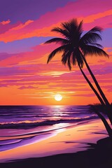 Abstract art image of a tranquil beach at sunset, with golden sand stretching into the distance, gentle waves lapping against the shore, fiery sky painted with hues of orange, pink, and purple.