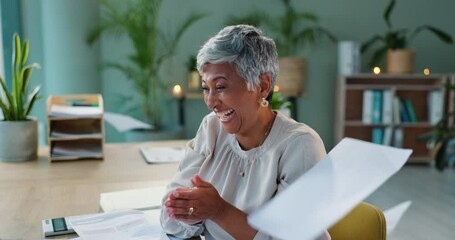 Business, success and senior woman with paper throw in office celebration for target, mission or goal achievement. Freedom, energy and elderly female executive with air documents for sales milestone
