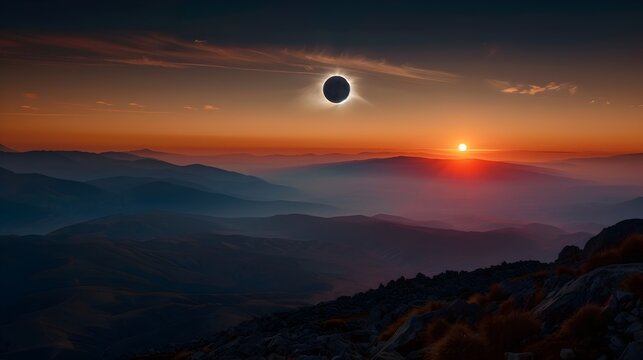 Solar Eclipse Over Mountaintop at Sunset, To provide a unique and captivating piece of photography showcasing a solar eclipse over a mountaintop at