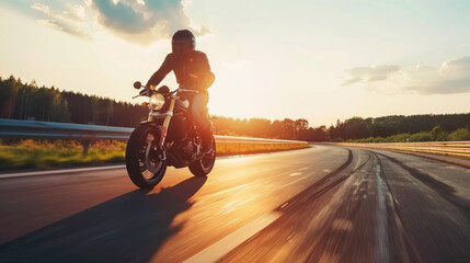 A biker in a helmet and a leather jacket, a man is a professional motorcyclist on the road, riding at high speed at sunset. Traveling on the highway.