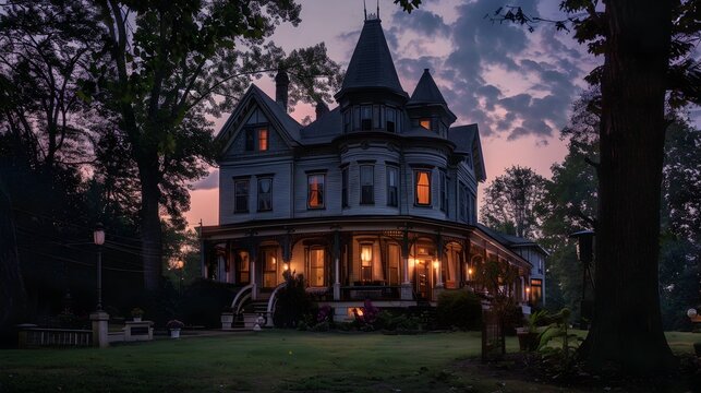 Victorian House Lit Up at Dusk in Southern Gothic Style, To provide a high-quality and visually striking image of a Victorian house at dusk, perfect