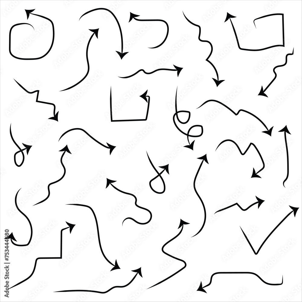 Poster collection hand drawn arrows. set simple arrows isolated on white background. arrow mark icons. arro