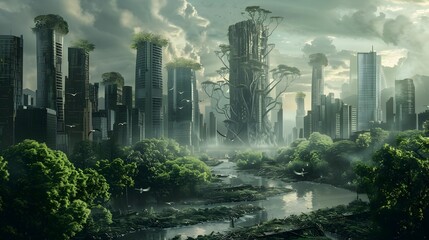 Post-Apocalyptic Cityscape with Skyscrapers Made of Trees, To convey a sense of natures resilience and power in a post-apocalyptic world