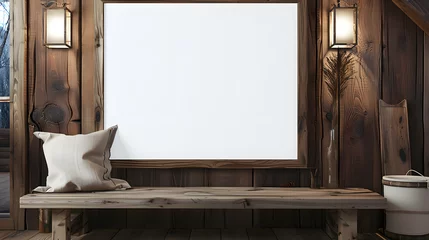 Papier Peint photo autocollant Chocolat brun a large empty wooden picture frame in landscape position on a rustic wooden cabin wall. The empty picture frame is 4:3 ratio. The wooden cabin is modern and has dark, natural colours.