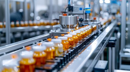 Pharmaceutical Production Line in a Factory, To showcase the modern and automated process of pharmaceutical production in a factory setting