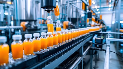 Fototapeta premium Bright and Vibrant Organic Orange Juice Production, To showcase the modern and efficient production process of organic orange juice, highlighting the