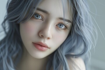 Fototapeta premium A woman with blue hair and blue eyes is staring at the camera