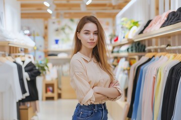 A woman stands in a clothing store with her arms crossed