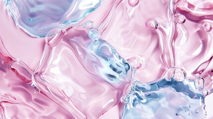 A macro shot of a serene pink and blue gel texture, dotted with delicate water droplets. - obrazy, fototapety, plakaty