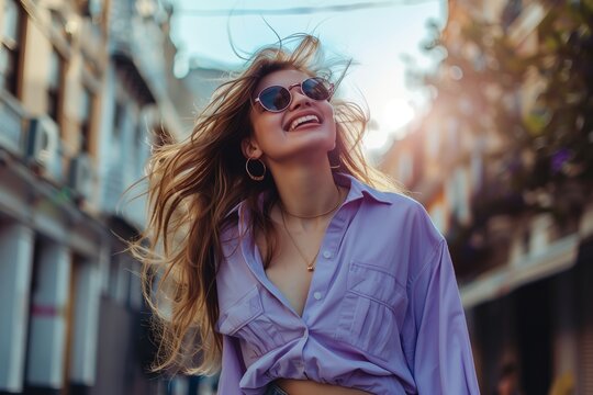 A woman with long hair and sunglasses is smiling and walking down a street