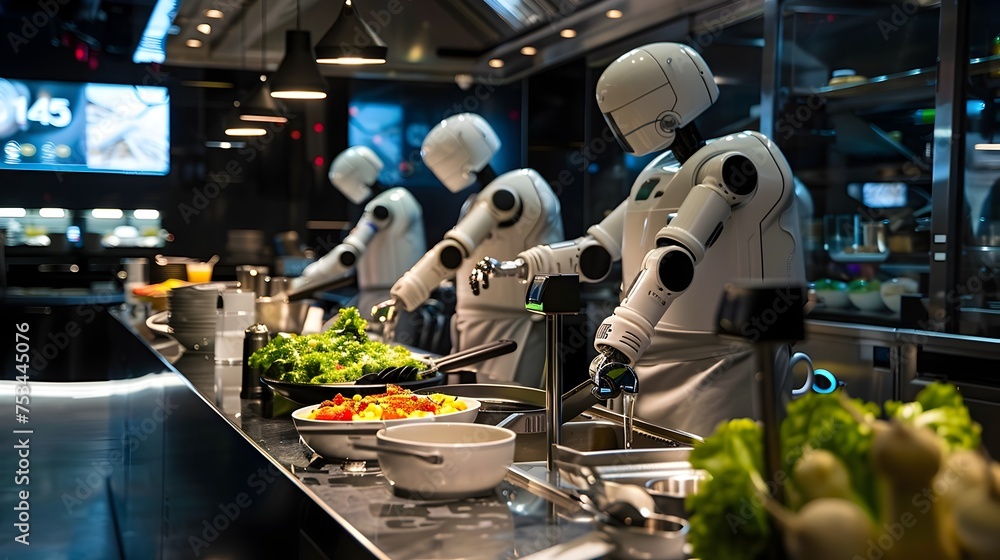 Aufkleber futuristic robot chefs in action at a restaurant, to showcase the use of advanced technology in the 