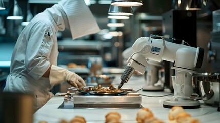 Chef Using Robot for Meal Prep in Modern Kitchen, To showcase the innovative use of robotics in meal preparation and the future of the food industry