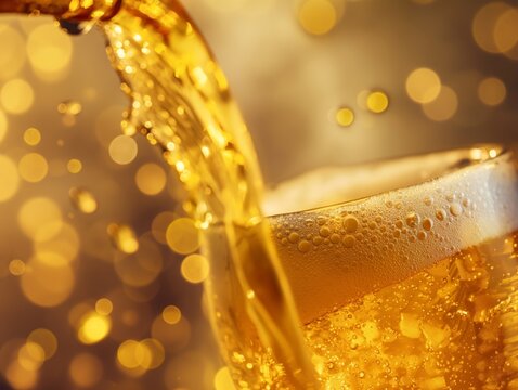 Close-up of beer being poured into a glass with a bokeh background, emphasizing refreshment and celebration.