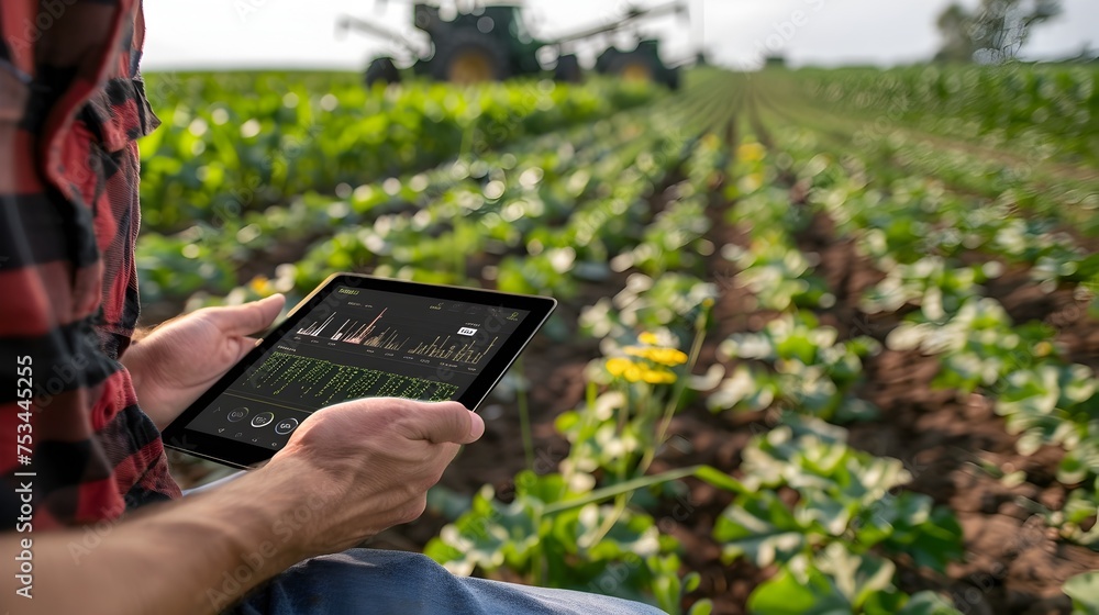Poster farmer utilizing tablet for crop monitoring, this image showcases the integration of technology in m