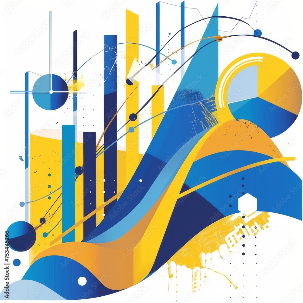 Poster blue and yellow abstract background with circles and lines
