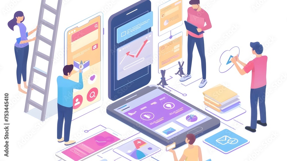 Aufkleber isometric design for agile app launch, to represent the concept of teamwork, innovation, and success